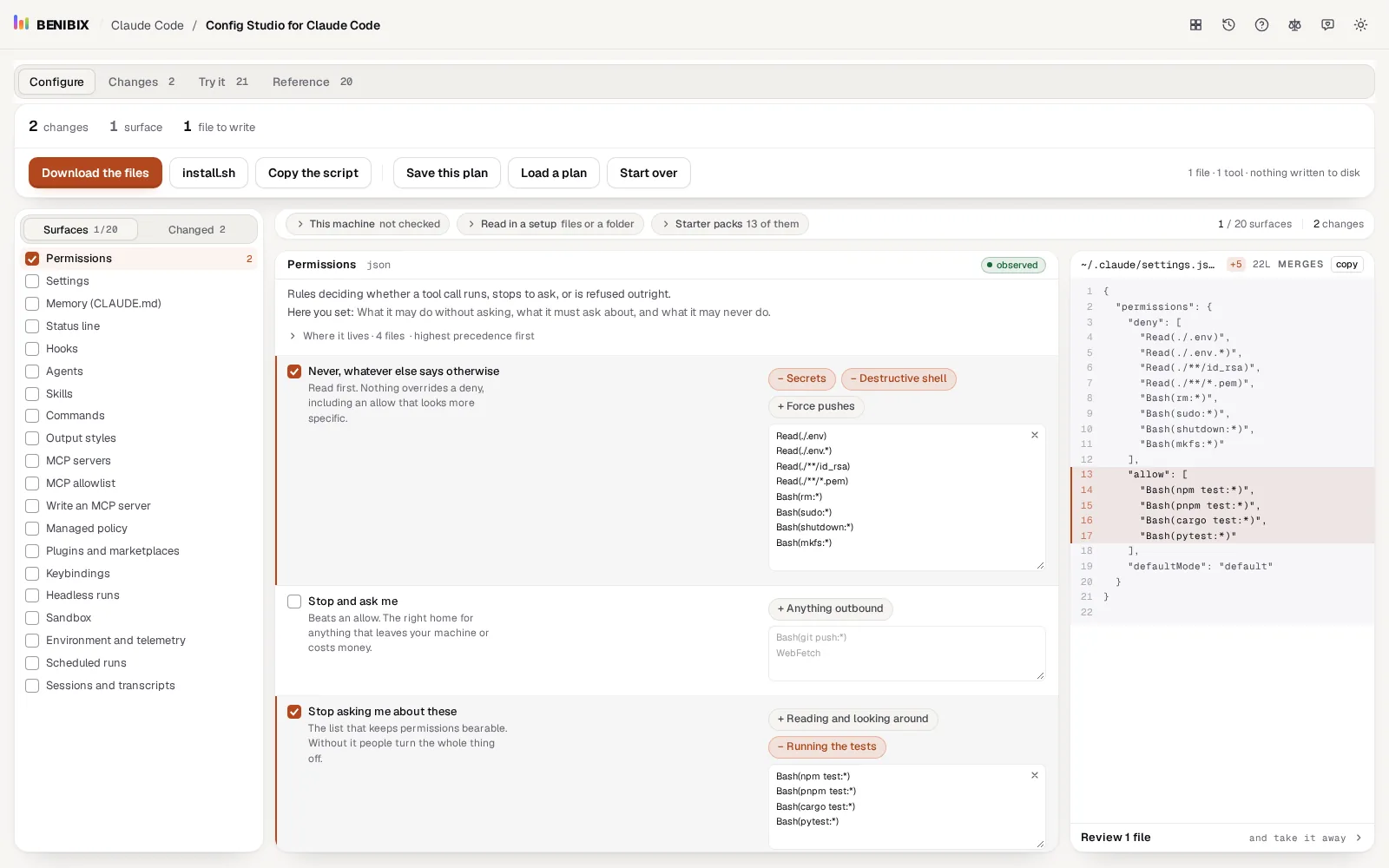 Config Studio for Claude Code on the Configure view with Permissions open
