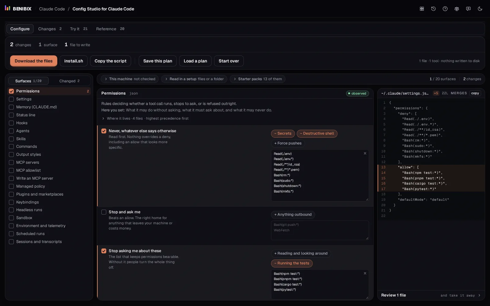 Config Studio for Claude Code on the Configure view with Permissions open