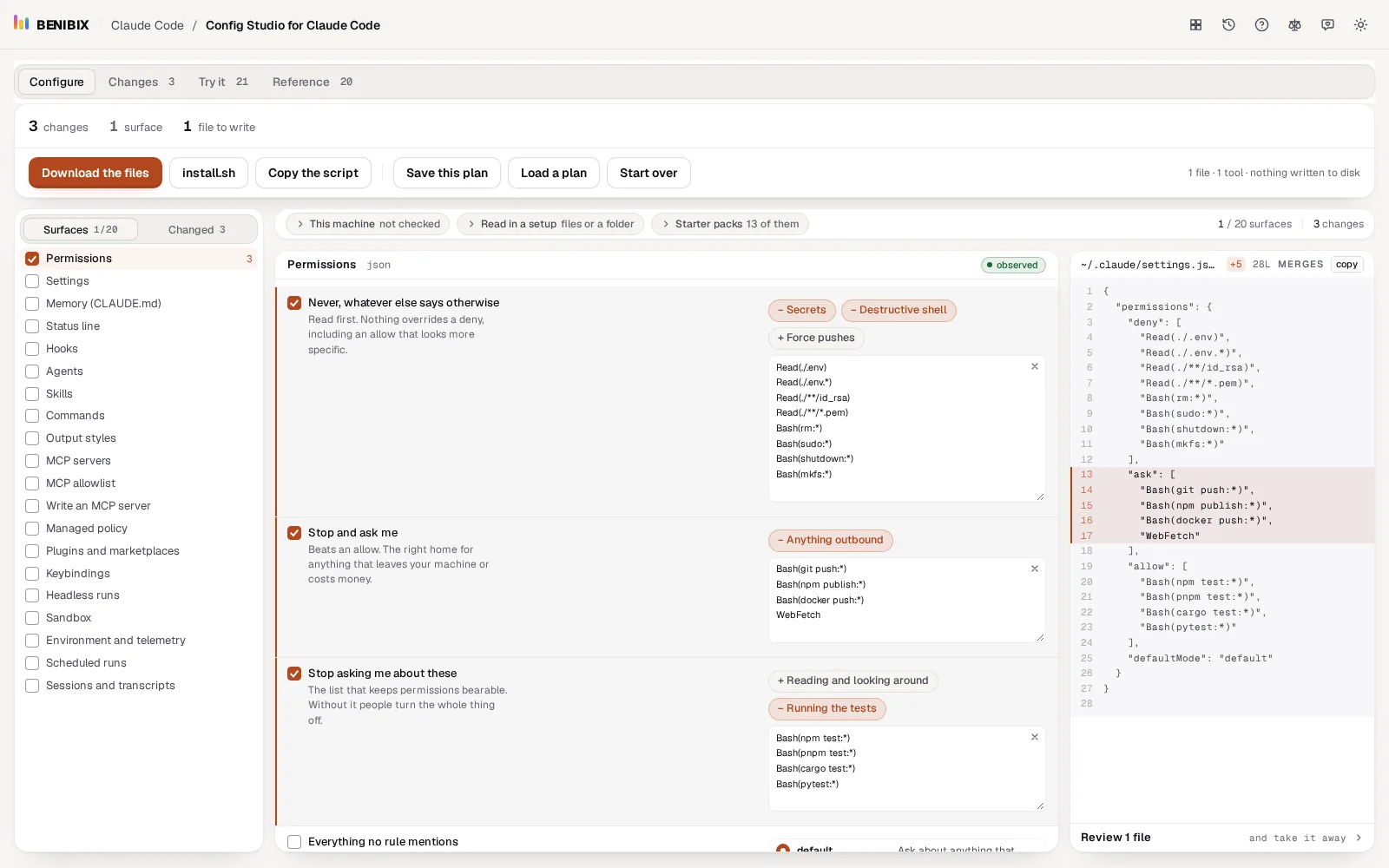 The Permissions editor with the never, ask and allow lists