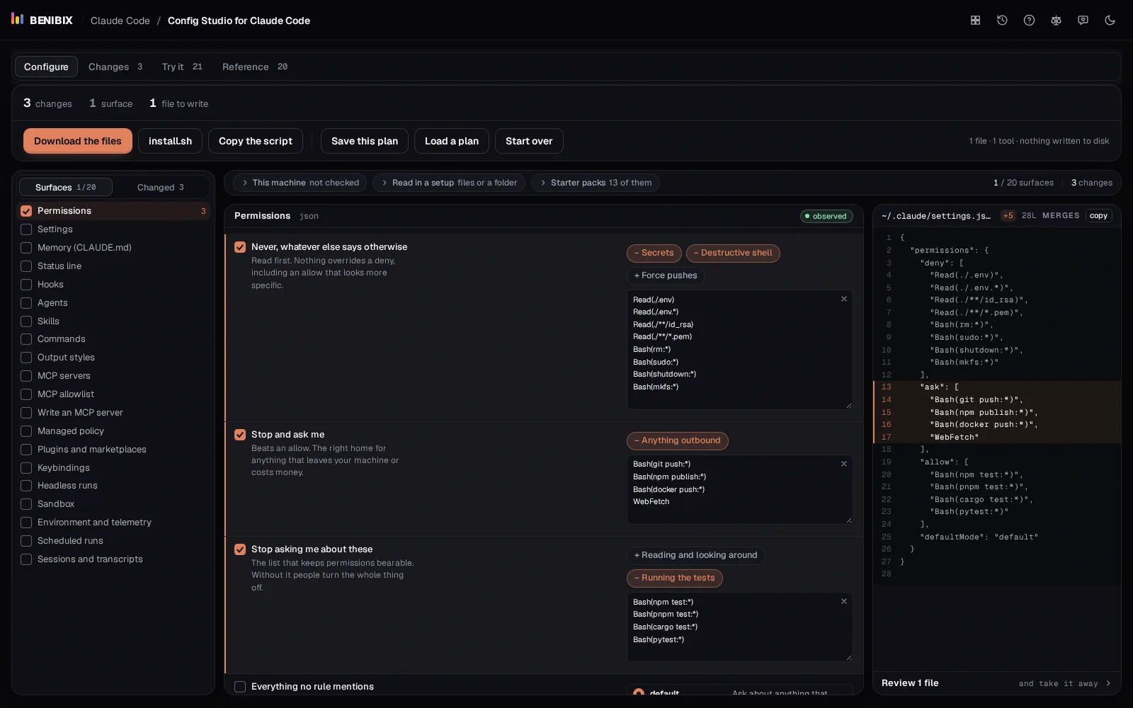 The Permissions editor with the never, ask and allow lists