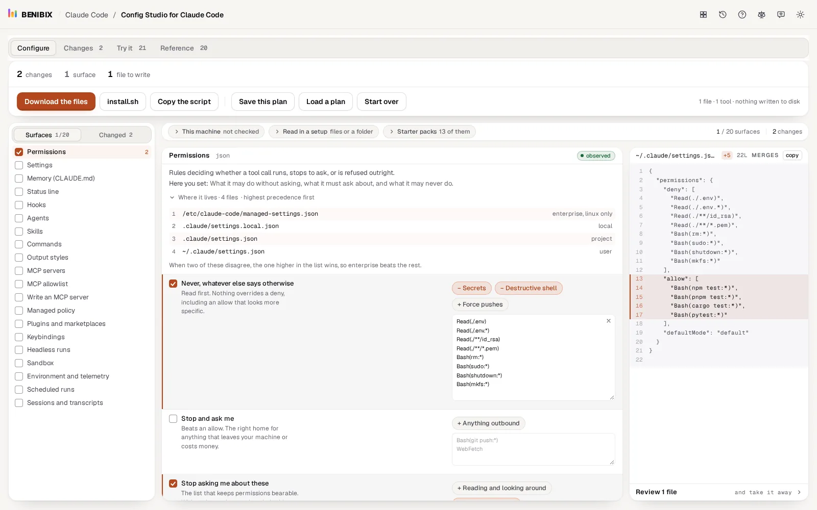 The file preview on the right, showing the settings JSON