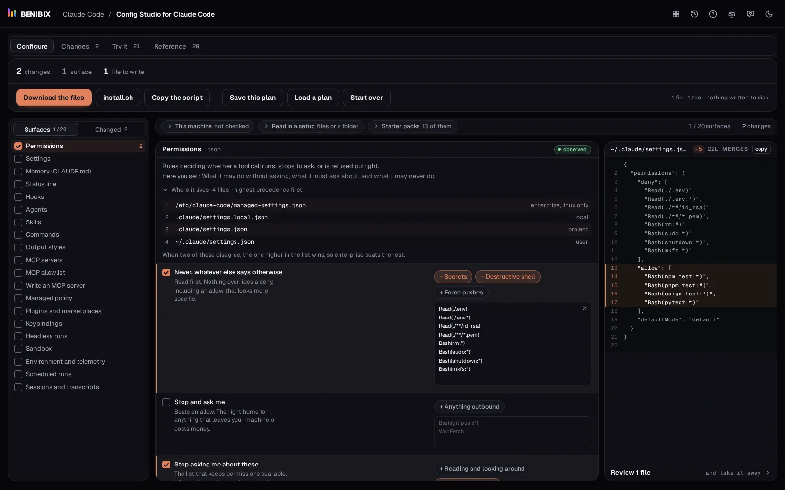 The file preview on the right, showing the settings JSON