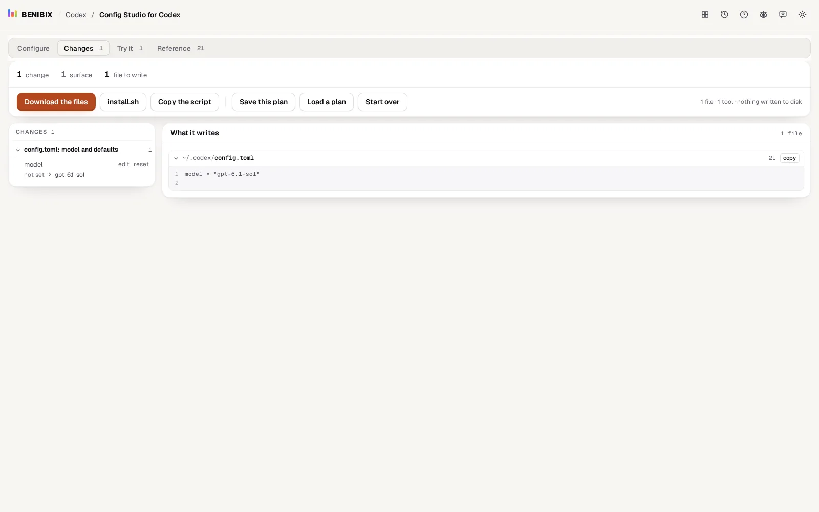 The Changes tab of Config Studio for Codex: the changes on the left and the one config.toml they produce
