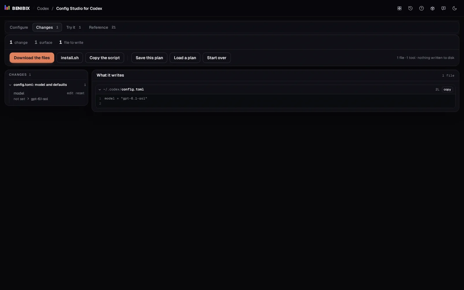 The Changes tab of Config Studio for Codex: the changes on the left and the one config.toml they produce