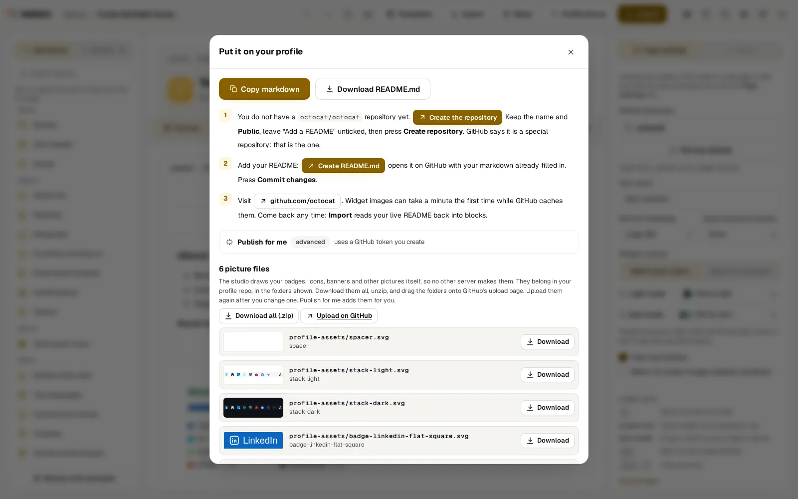 The Export dialog for octocat: Copy markdown and Download README.md, then three numbered steps with Create the repository and Create README.md