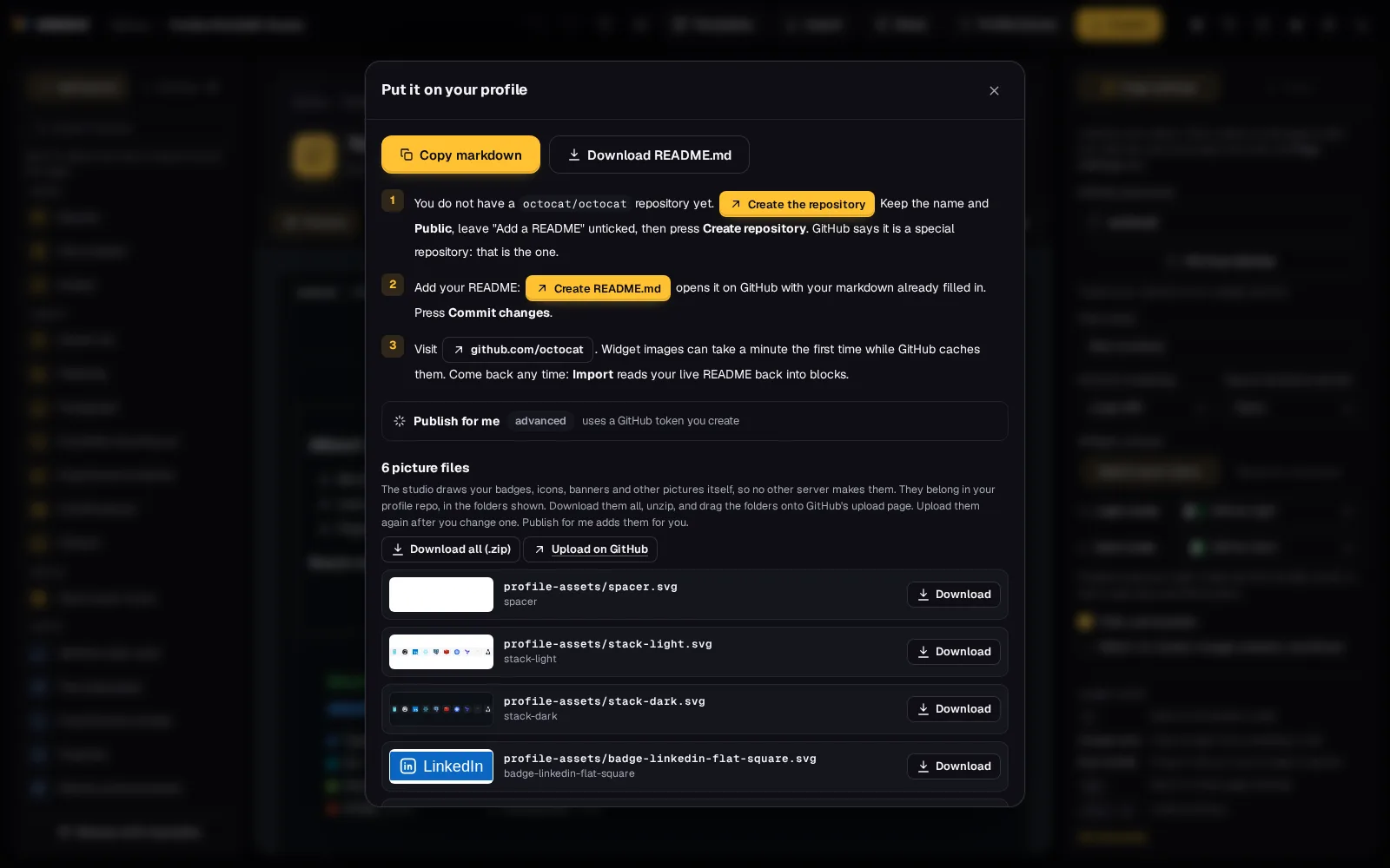 The Export dialog for octocat: Copy markdown and Download README.md, then three numbered steps with Create the repository and Create README.md