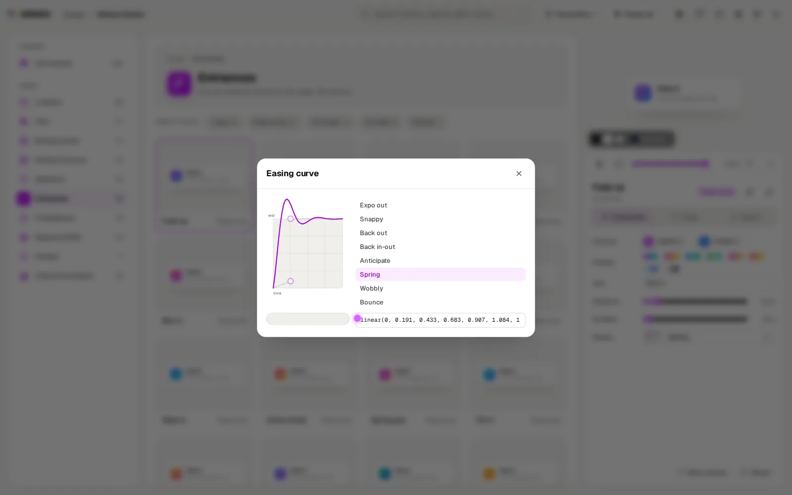 The easing editor with Spring chosen: the curve overshoots and settles, a dot runs it, the 14 presets are listed and the text box holds the linear() points