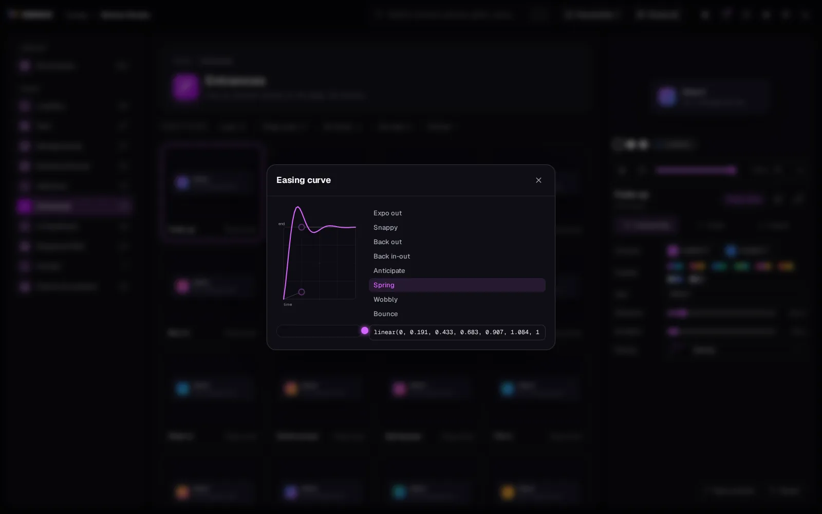 The easing editor with Spring chosen: the curve overshoots and settles, a dot runs it, the 14 presets are listed and the text box holds the linear() points