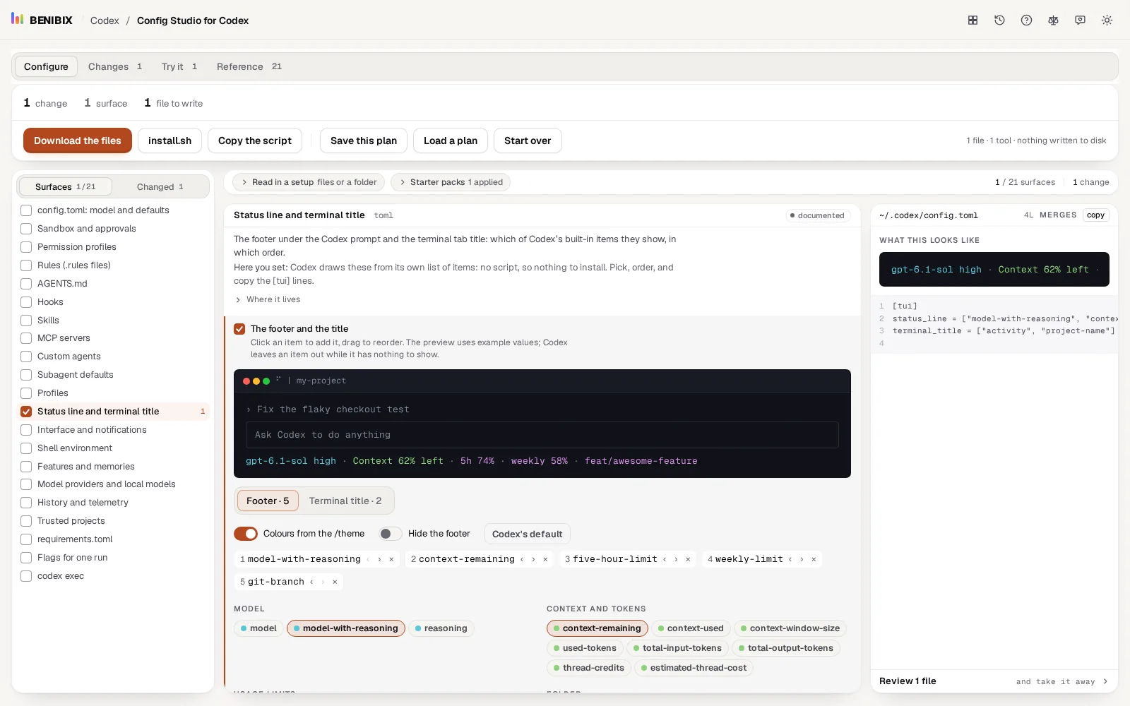 The Codex status line builder in Config Studio for Codex: five footer items picked, the footer drawn in a Codex window, and the tui status_line it writes