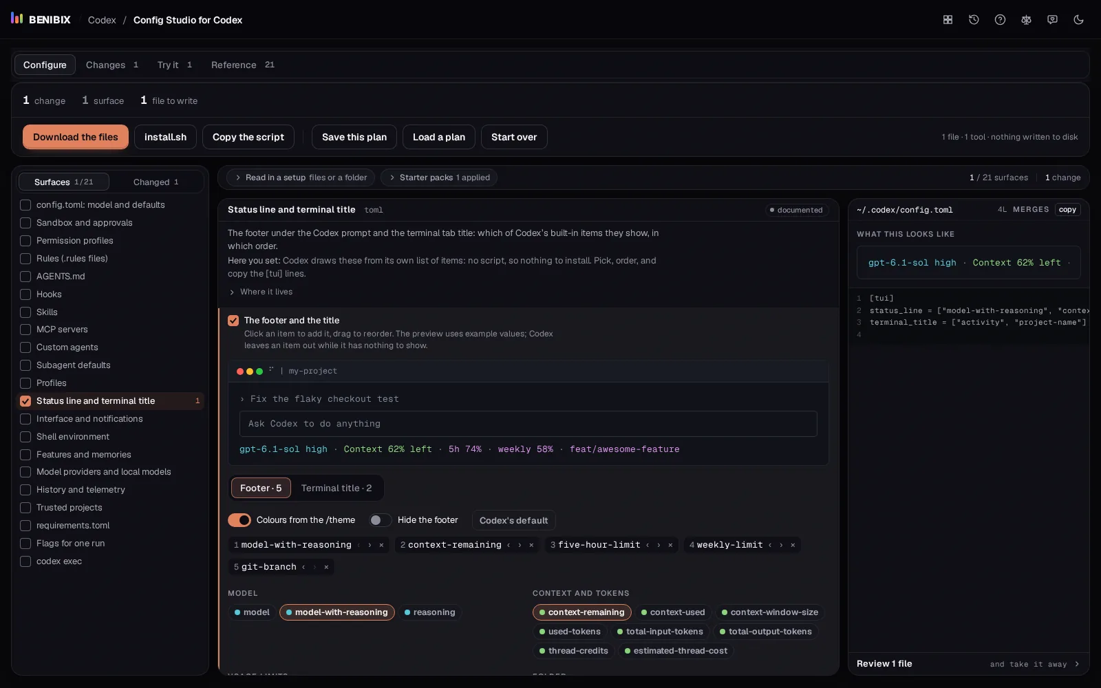 The Codex status line builder in Config Studio for Codex: five footer items picked, the footer drawn in a Codex window, and the tui status_line it writes