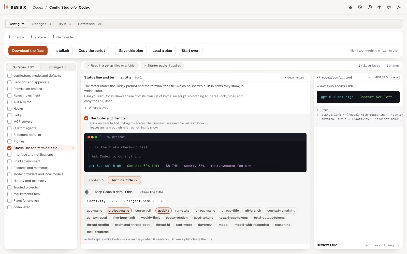 The Terminal title tab of the status line builder: activity and project name picked and the terminal_title line it adds