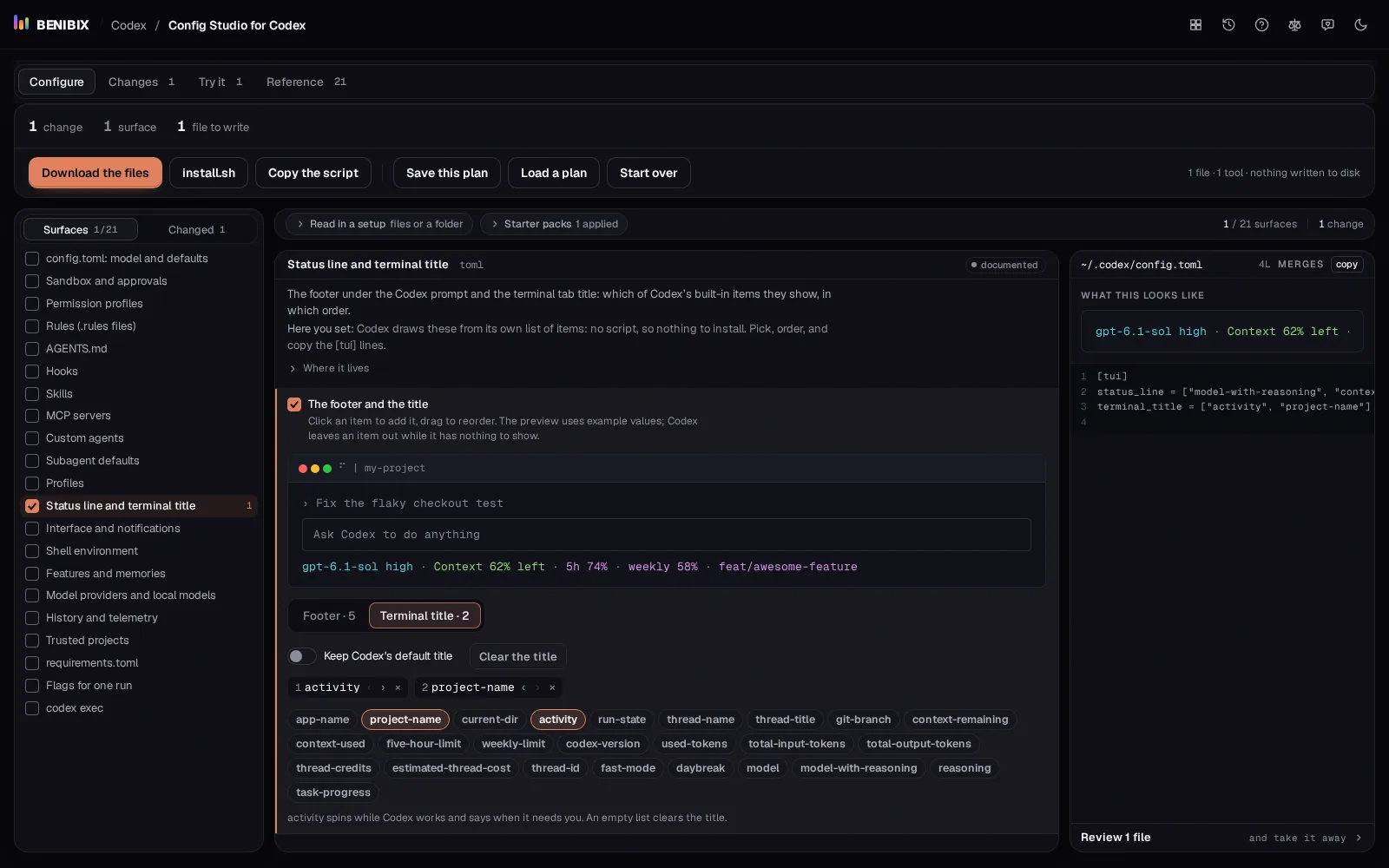 The Terminal title tab of the status line builder: activity and project name picked and the terminal_title line it adds