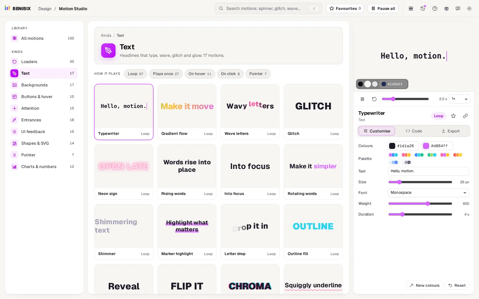 Typewriter open in the Customise tab: colours, palettes, text, size, font, weight and duration