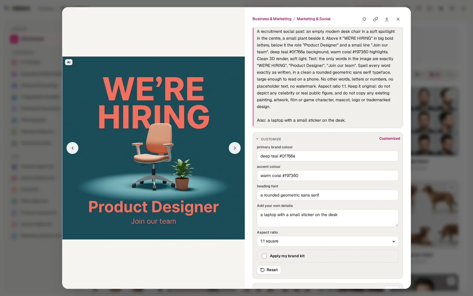 We're Hiring Post with Customize open: two colours and a font filled in, an extra detail and a 1:1 ratio, the prompt above showing them and the Customized label