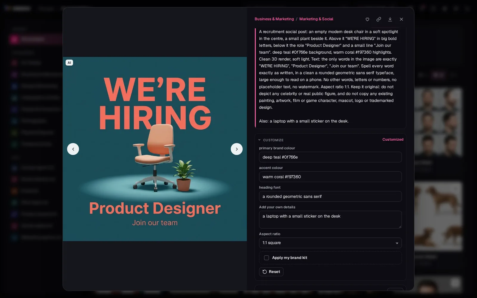 We're Hiring Post with Customize open: two colours and a font filled in, an extra detail and a 1:1 ratio, the prompt above showing them and the Customized label
