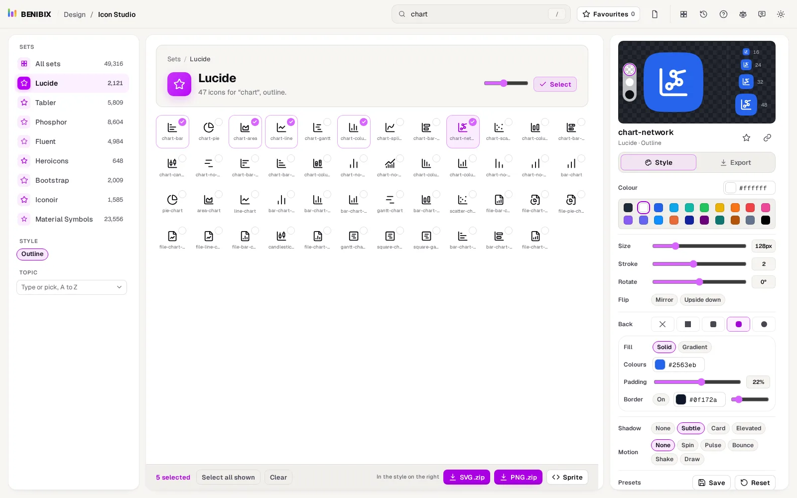Select mode in a search for chart: five icons ticked, the selection bar under the grid with 5 selected, Select all shown, Clear, SVG .zip, PNG .zip and Sprite, and a white-on-blue tile style on the right