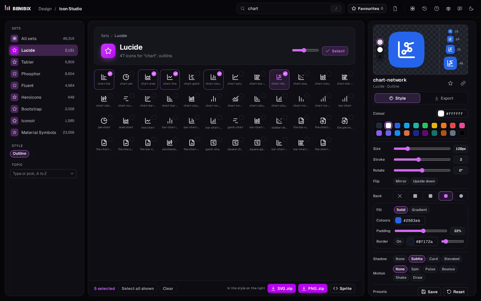 Select mode in a search for chart: five icons ticked, the selection bar under the grid with 5 selected, Select all shown, Clear, SVG .zip, PNG .zip and Sprite, and a white-on-blue tile style on the right