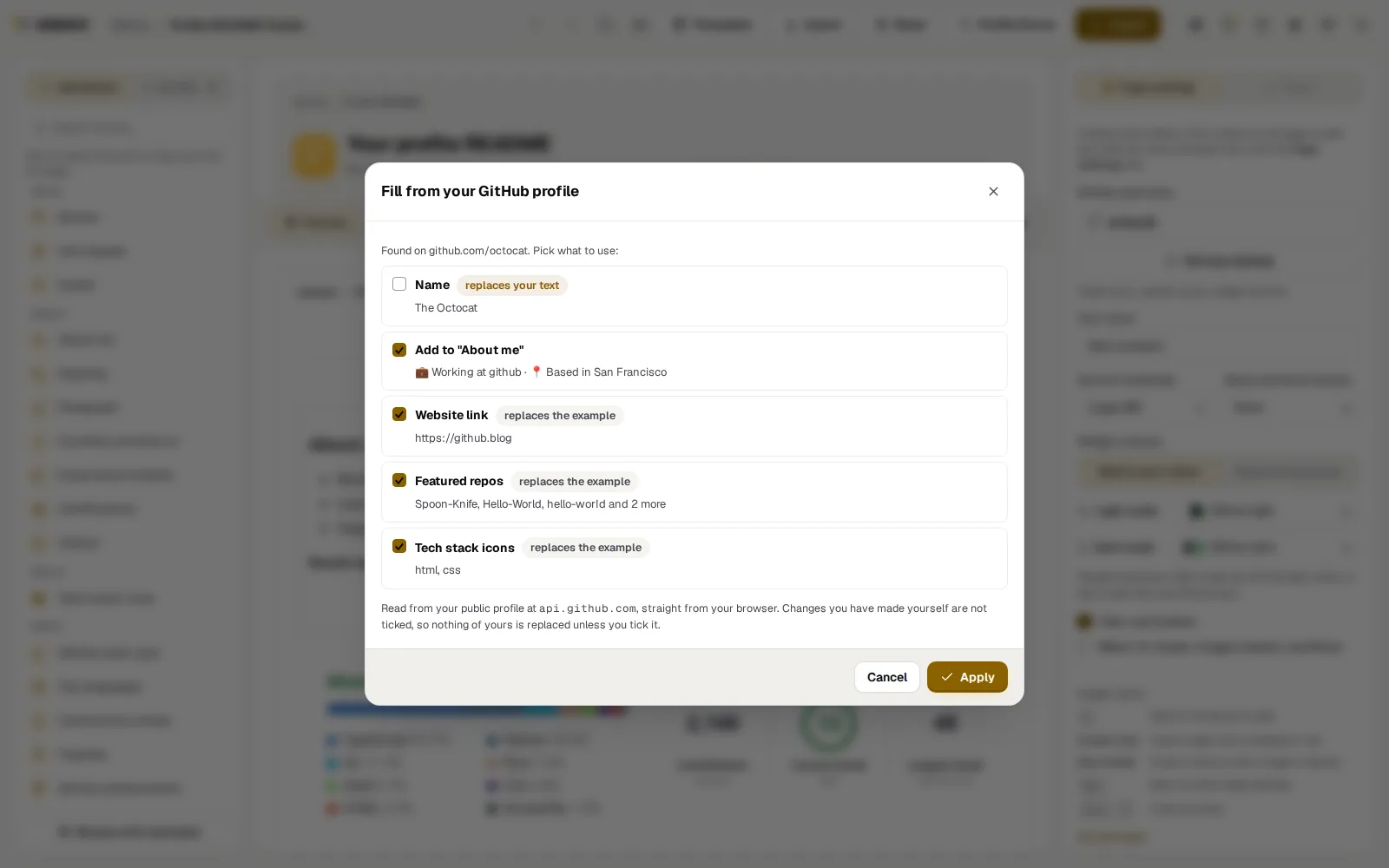 Fill from your GitHub profile for octocat: name, About me, website, featured repos and tech stack icons, each with a tick box