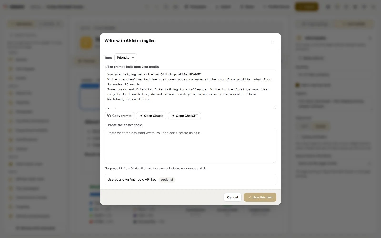 Write with AI for the intro tagline: the tone, the prompt built from your profile, and a box for the answer