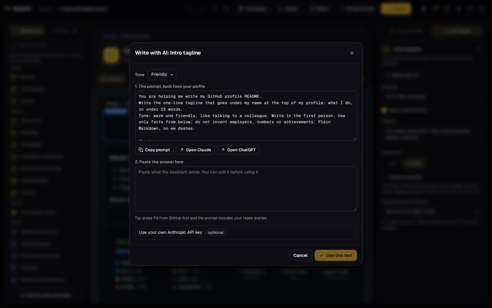 Write with AI for the intro tagline: the tone, the prompt built from your profile, and a box for the answer