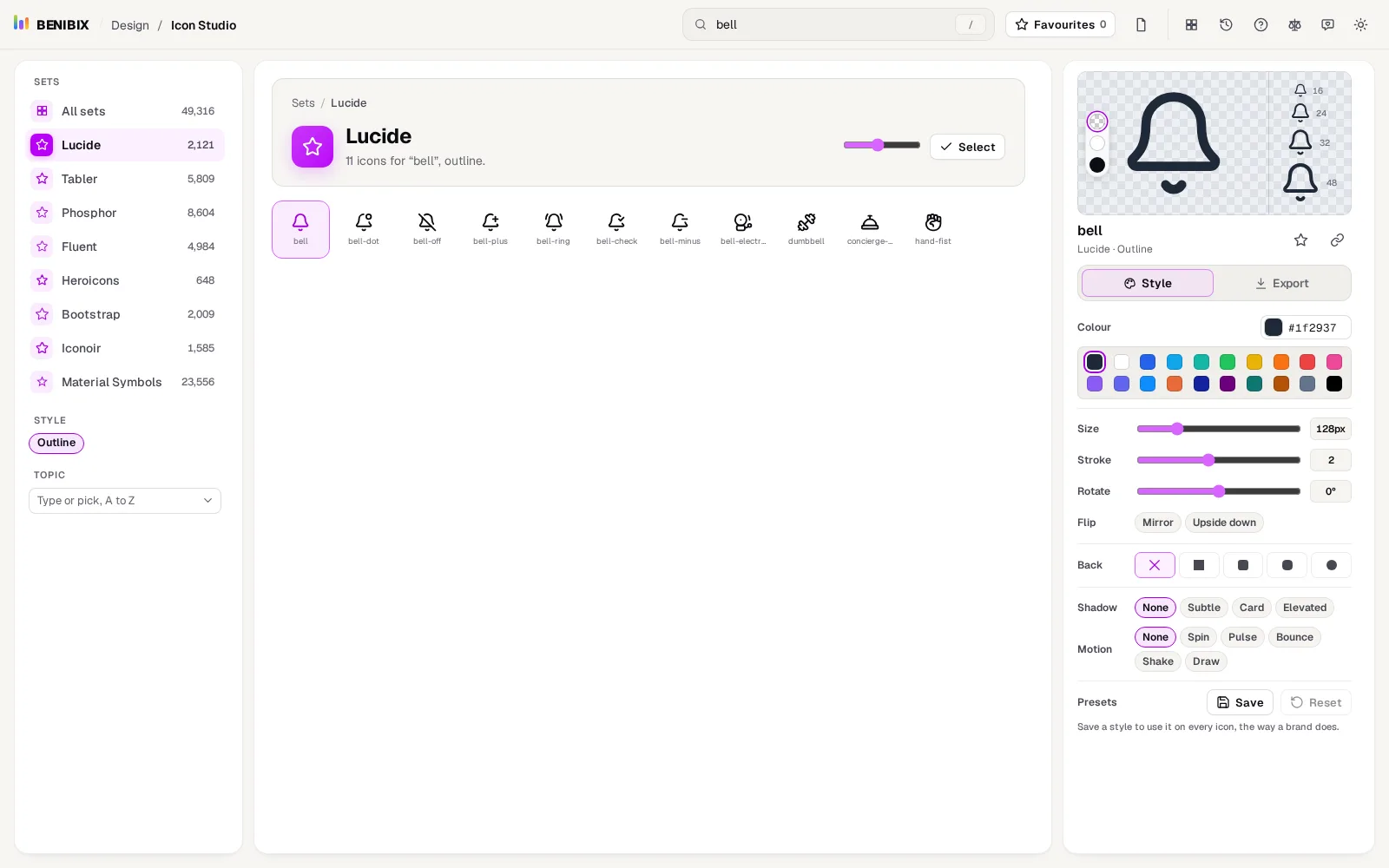 Icon Studio with a search for bell: the sets on the left, the bells in the grid, and the bell drawn large on a light background with its small sizes