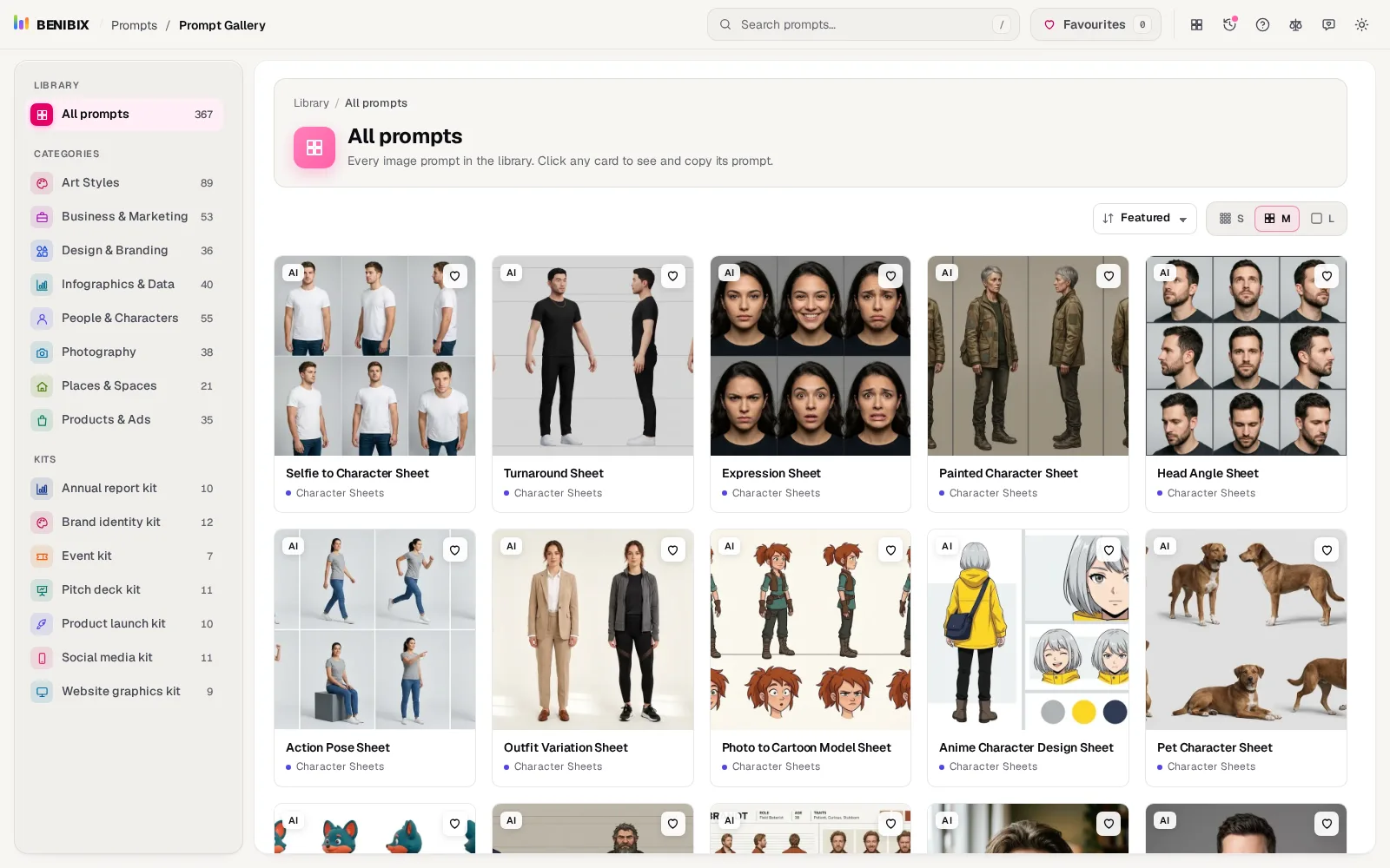 Prompt Gallery with all 367 prompts: categories and kits on the left, the example images in a grid