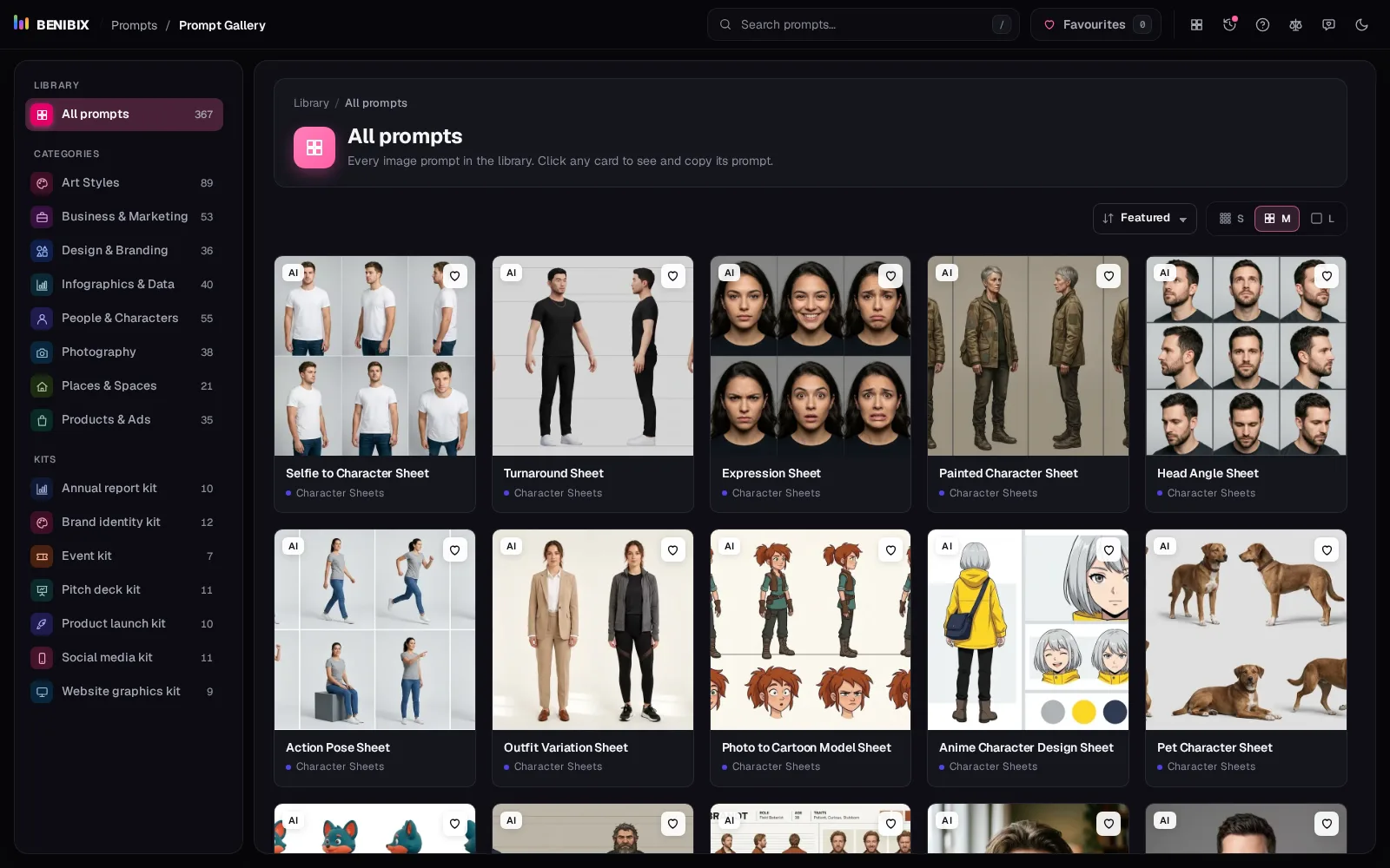 Prompt Gallery with all 367 prompts: categories and kits on the left, the example images in a grid