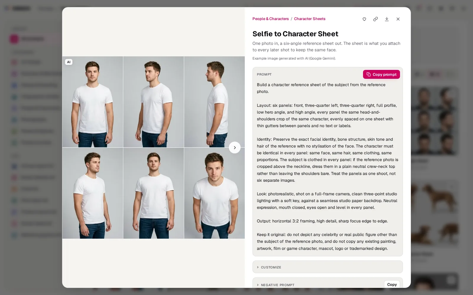A prompt opened: the example image on the left, the full prompt and Copy prompt on the right