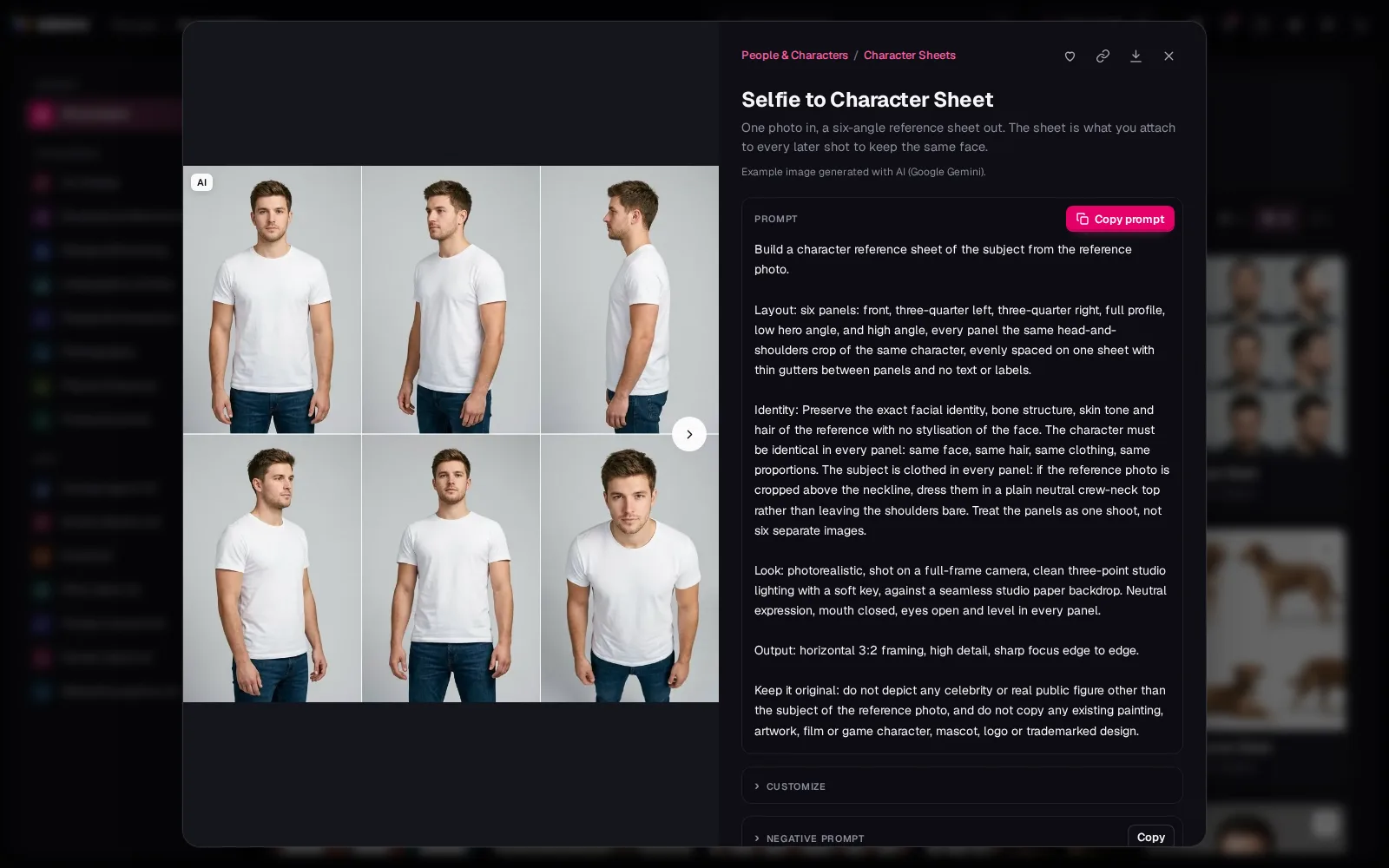 A prompt opened: the example image on the left, the full prompt and Copy prompt on the right