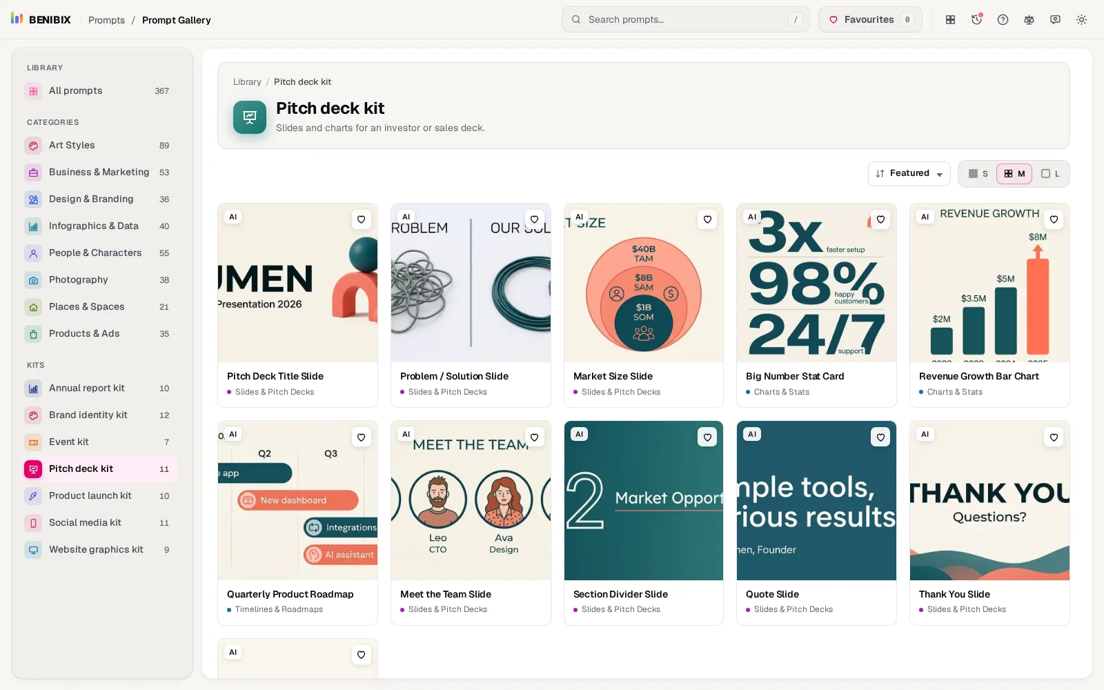 The pitch deck kit: a title slide, a problem and solution slide, a market size chart and a big number card