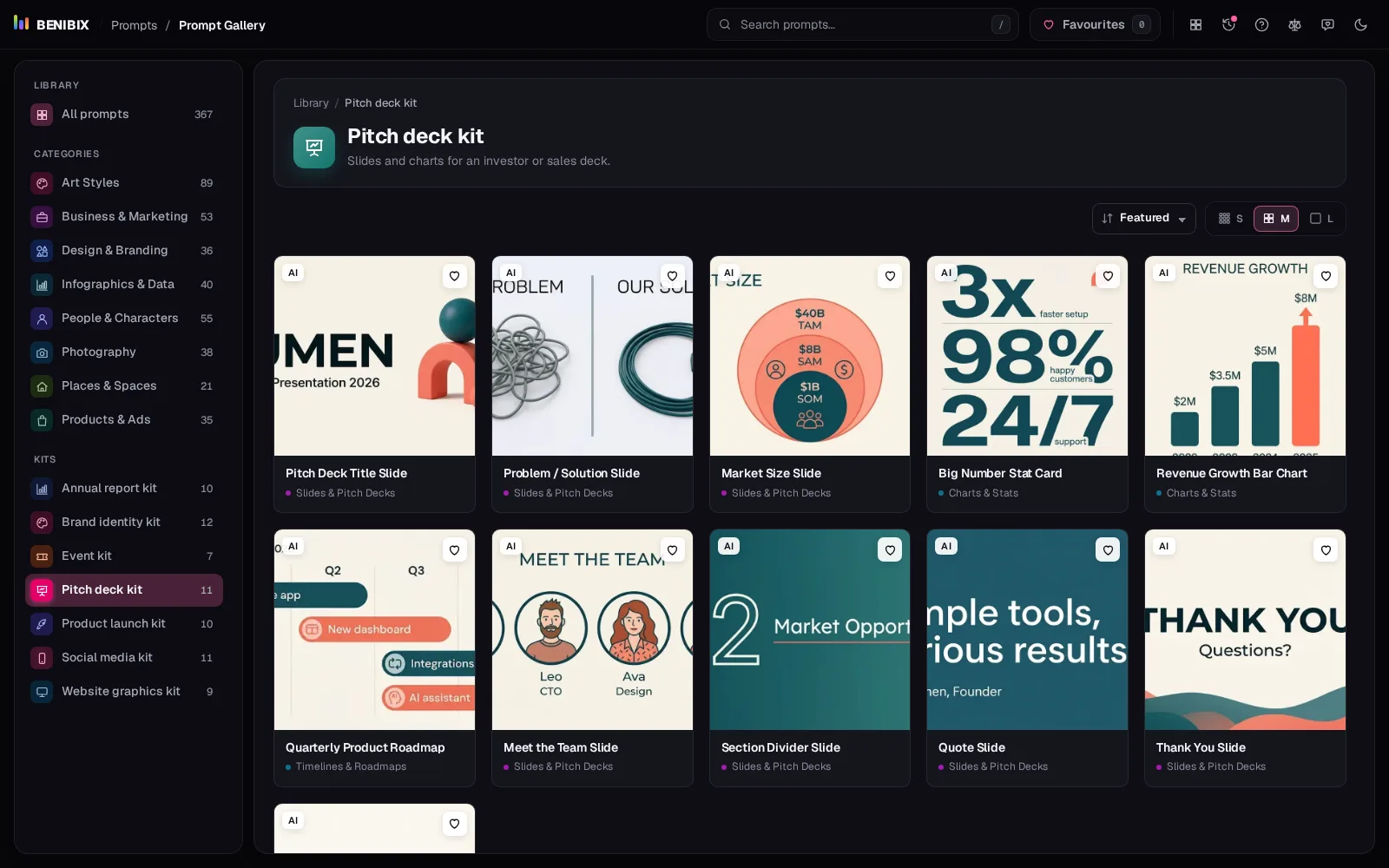 The pitch deck kit: a title slide, a problem and solution slide, a market size chart and a big number card