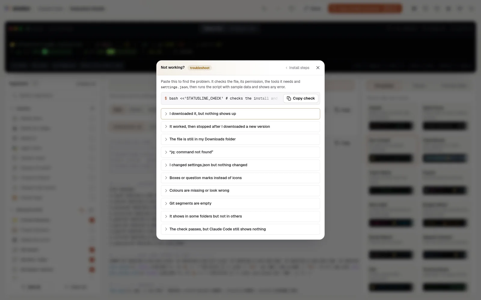 The Not working? guide: the one-paste check with its Copy check button, and the list of common problems