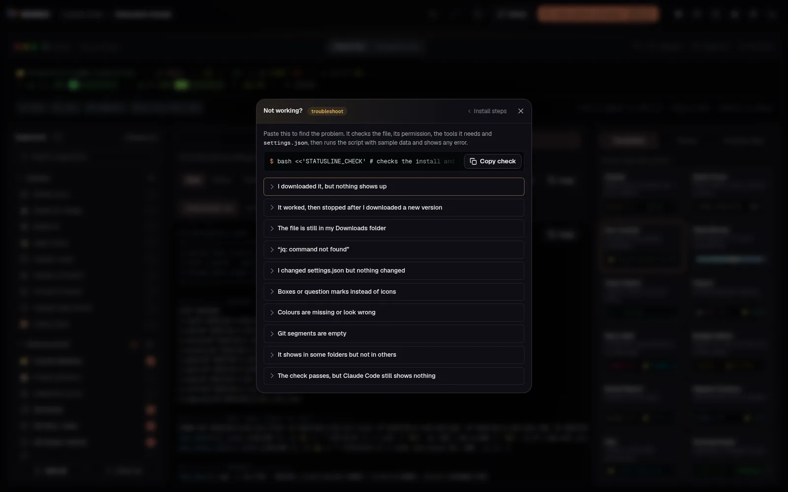 The Not working? guide: the one-paste check with its Copy check button, and the list of common problems