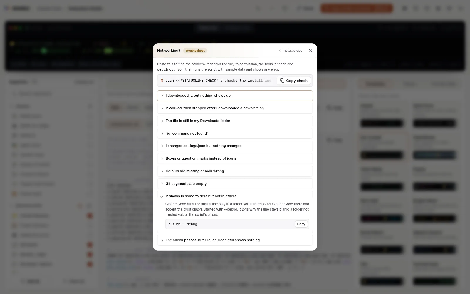 The Not working? guide with It shows in some folders but not in others open: trust the folder, and claude --debug with a Copy button