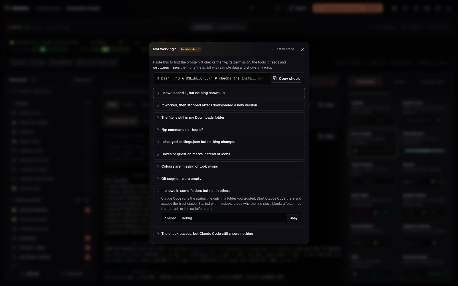 The Not working? guide with It shows in some folders but not in others open: trust the folder, and claude --debug with a Copy button
