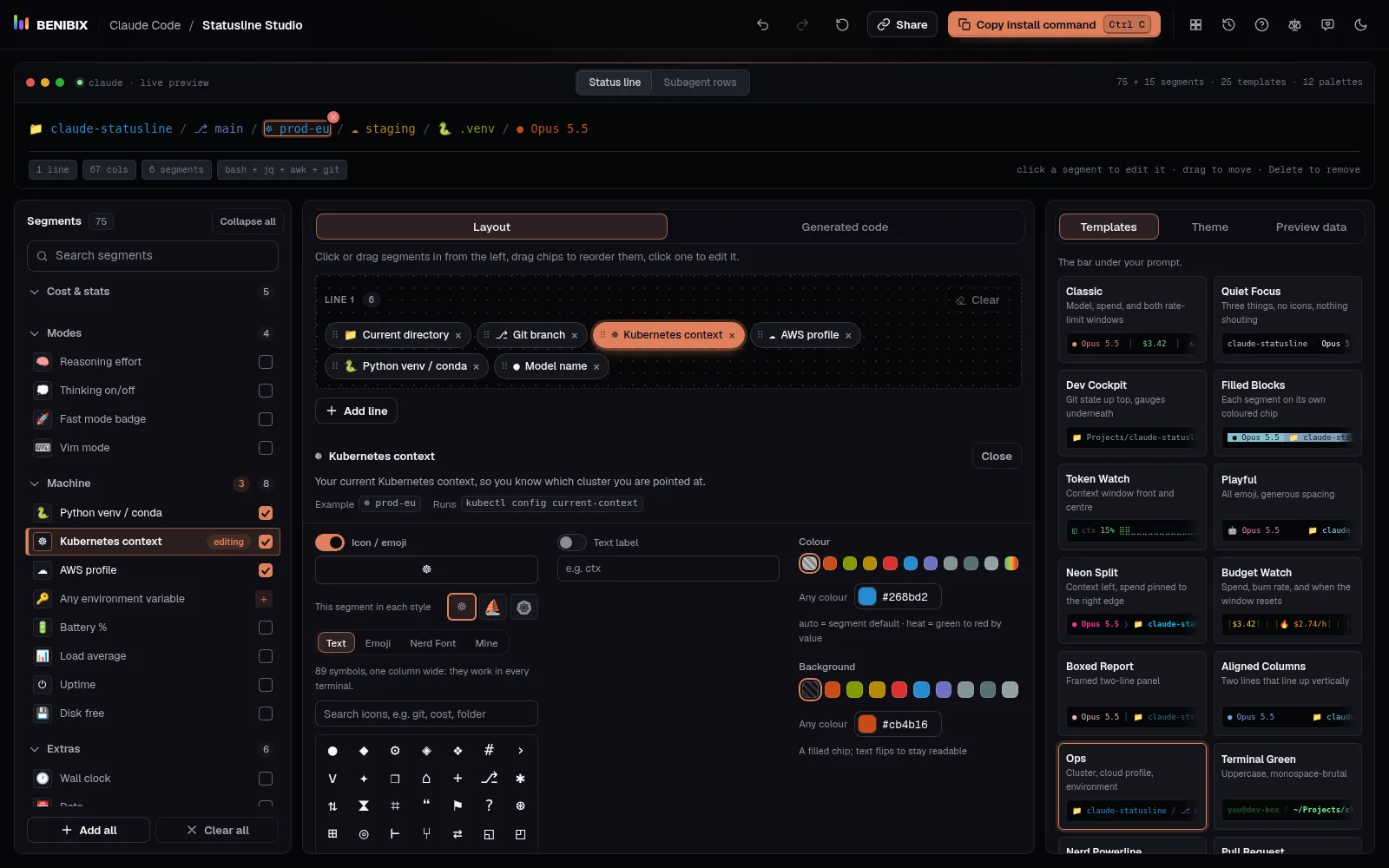 The Ops template with the Kubernetes context segment open in the editor: it runs kubectl config current-context