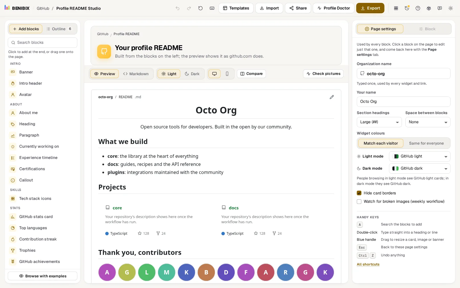 The open source organization layout for octo-org: what we build, project cards and the contributors wall, drawn by the studio