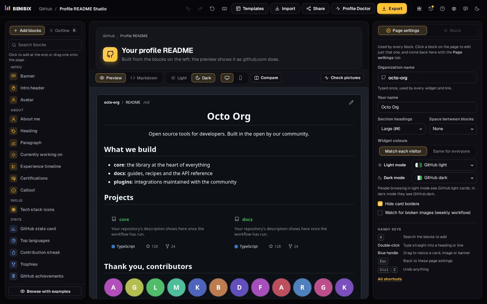 The open source organization layout for octo-org: what we build, project cards and the contributors wall, drawn by the studio