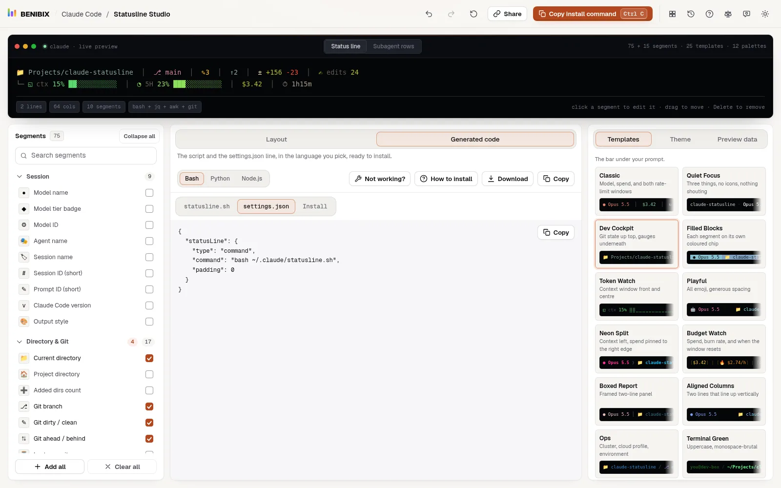Generated code with the settings.json tab open: the statusLine block that runs bash ~/.claude/statusline.sh