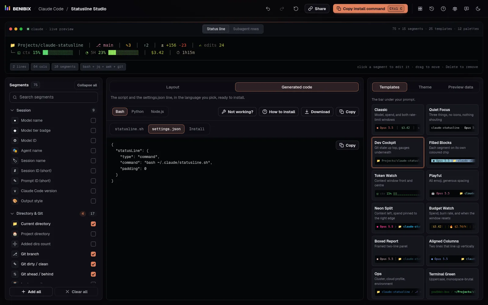 Generated code with the settings.json tab open: the statusLine block that runs bash ~/.claude/statusline.sh