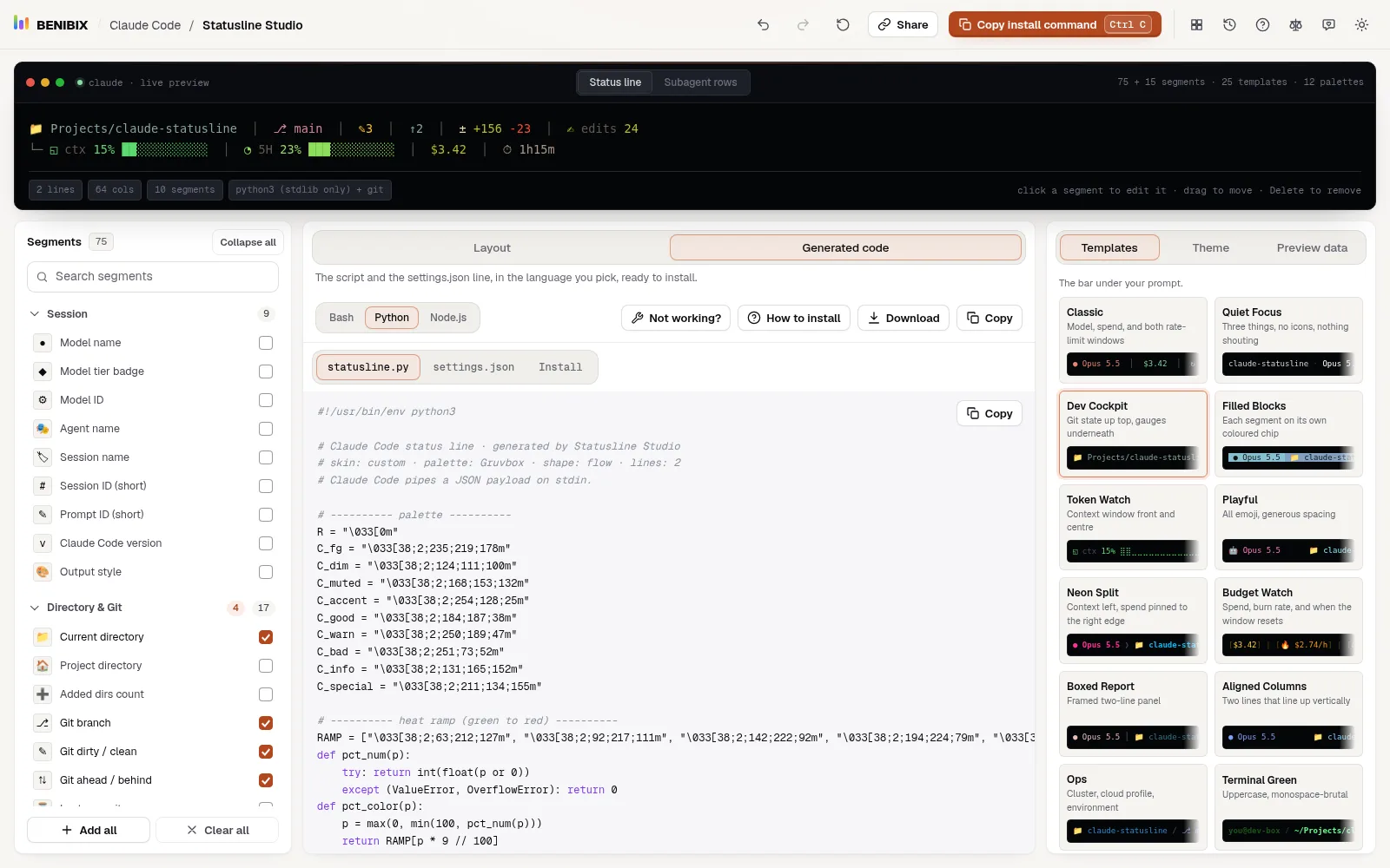 Generated code in Python: statusline.py, and the deps badge says python3 (stdlib only)