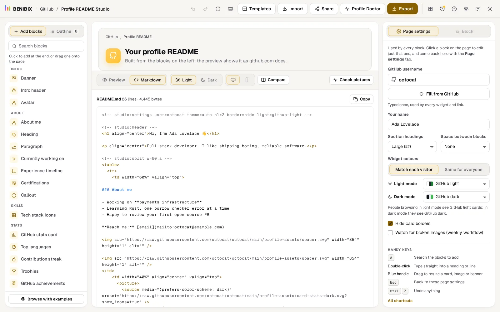 The Markdown view: the settings marker on the first line and a studio marker before every block