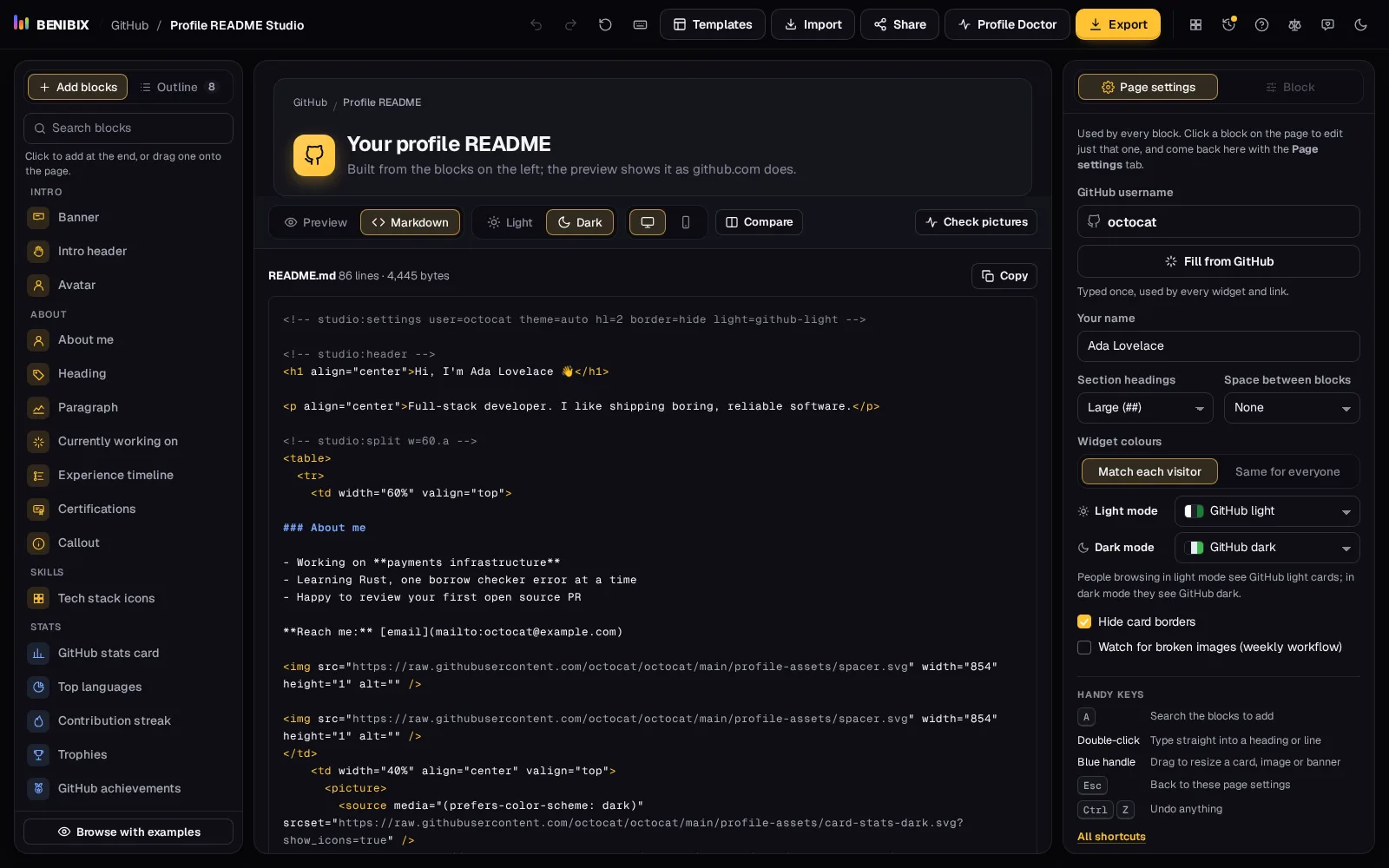 The Markdown view: the settings marker on the first line and a studio marker before every block