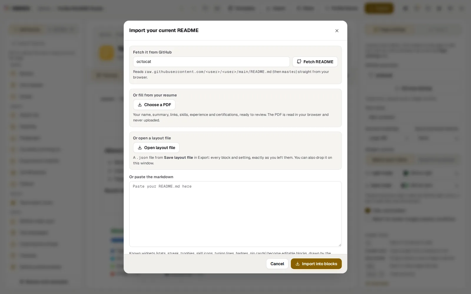 The Import dialog: Fetch it from GitHub, fill from your resume, open a layout file, or paste the markdown