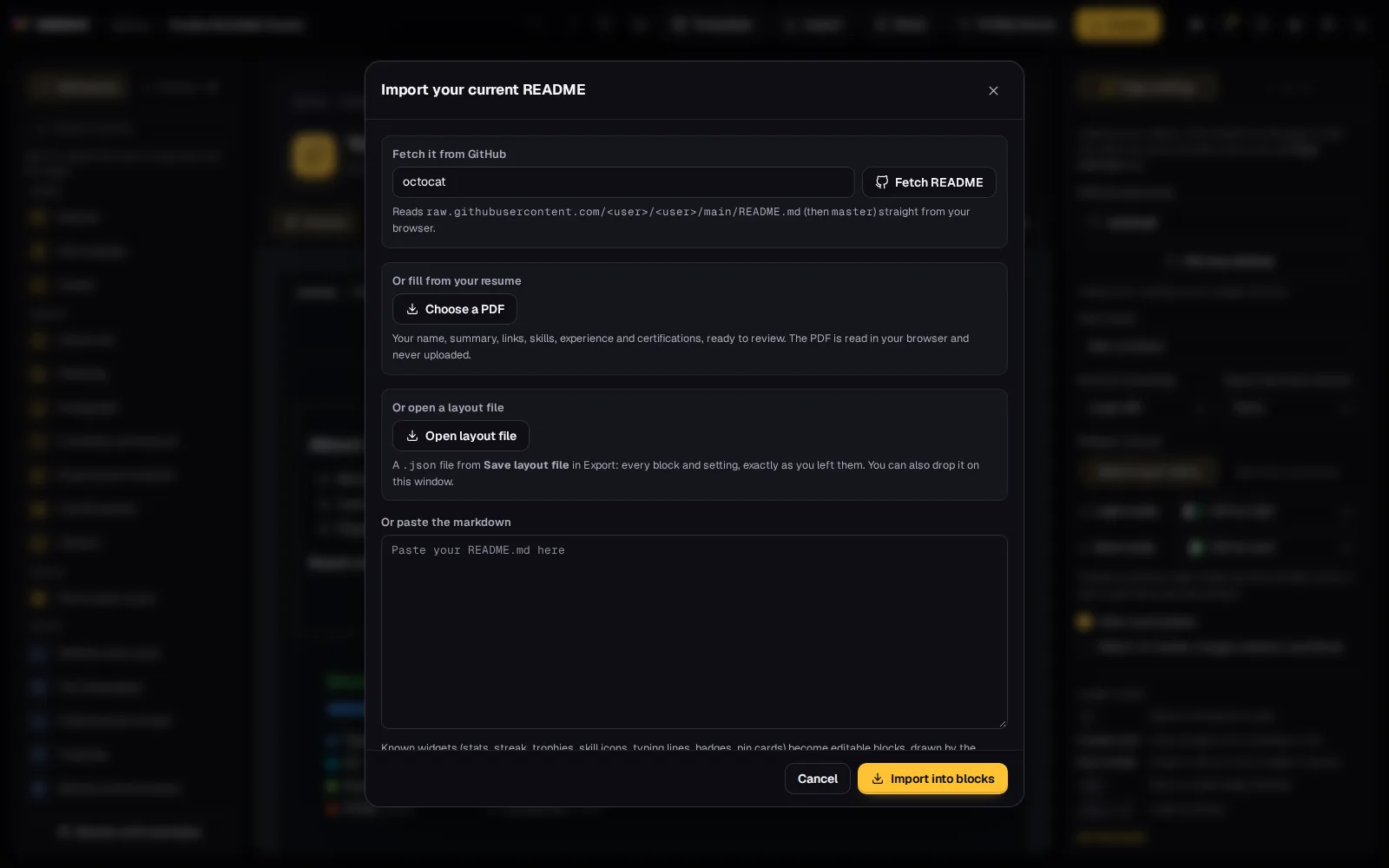 The Import dialog: Fetch it from GitHub, fill from your resume, open a layout file, or paste the markdown