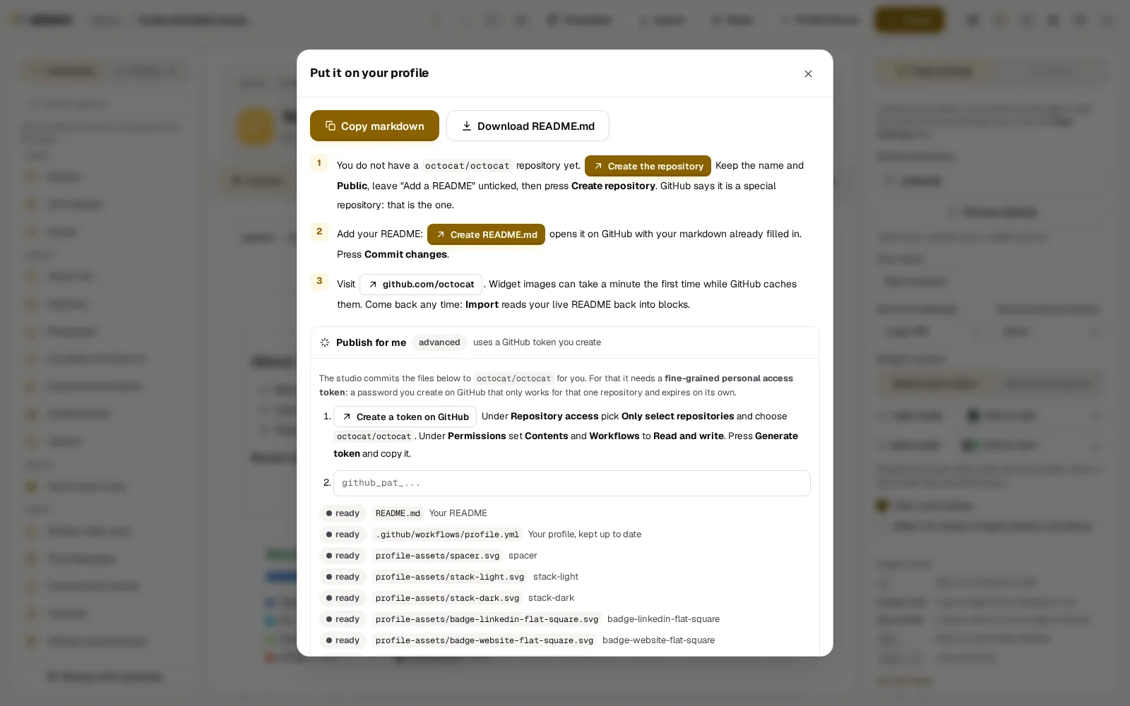 Publish for me opened in Export: Create a token on GitHub, the token box, the file list and Publish 1 file