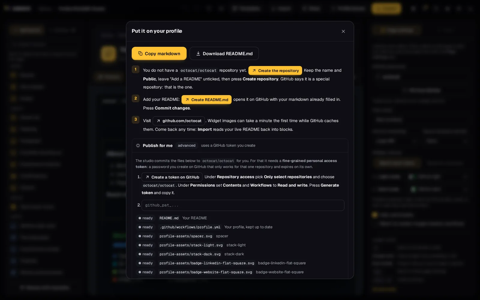Publish for me opened in Export: Create a token on GitHub, the token box, the file list and Publish 1 file
