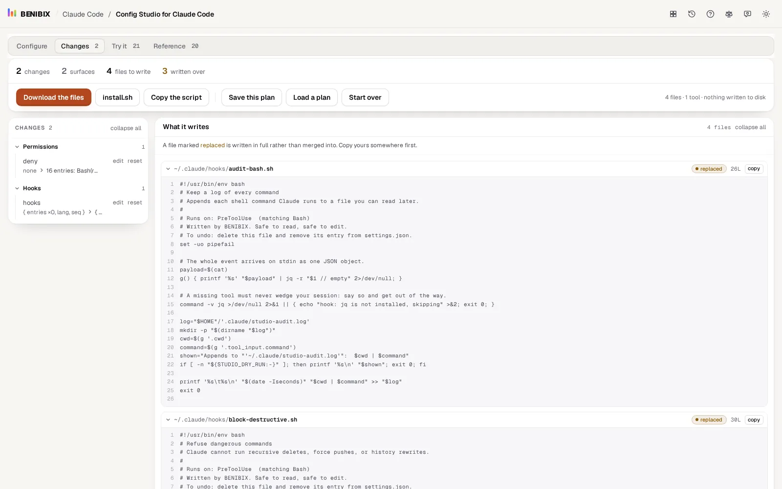 The Changes view with the changes on the left and every file on the right
