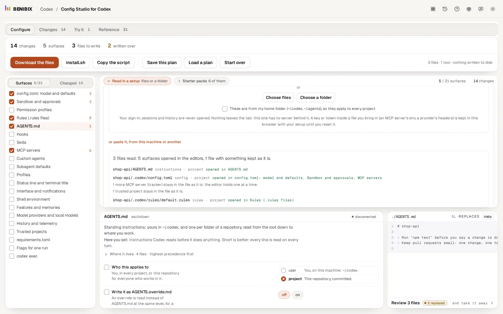 Read in a setup in Config Studio for Codex: a config.toml, a rules file and an AGENTS.md read in, with the surfaces each one opened and what was kept as it is