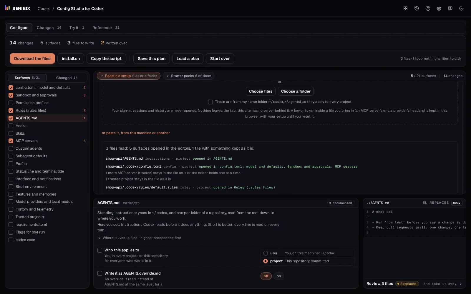 Read in a setup in Config Studio for Codex: a config.toml, a rules file and an AGENTS.md read in, with the surfaces each one opened and what was kept as it is